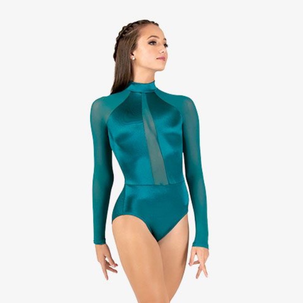 Stunning Blue High neck Long sleeve Leotard Dance Costume